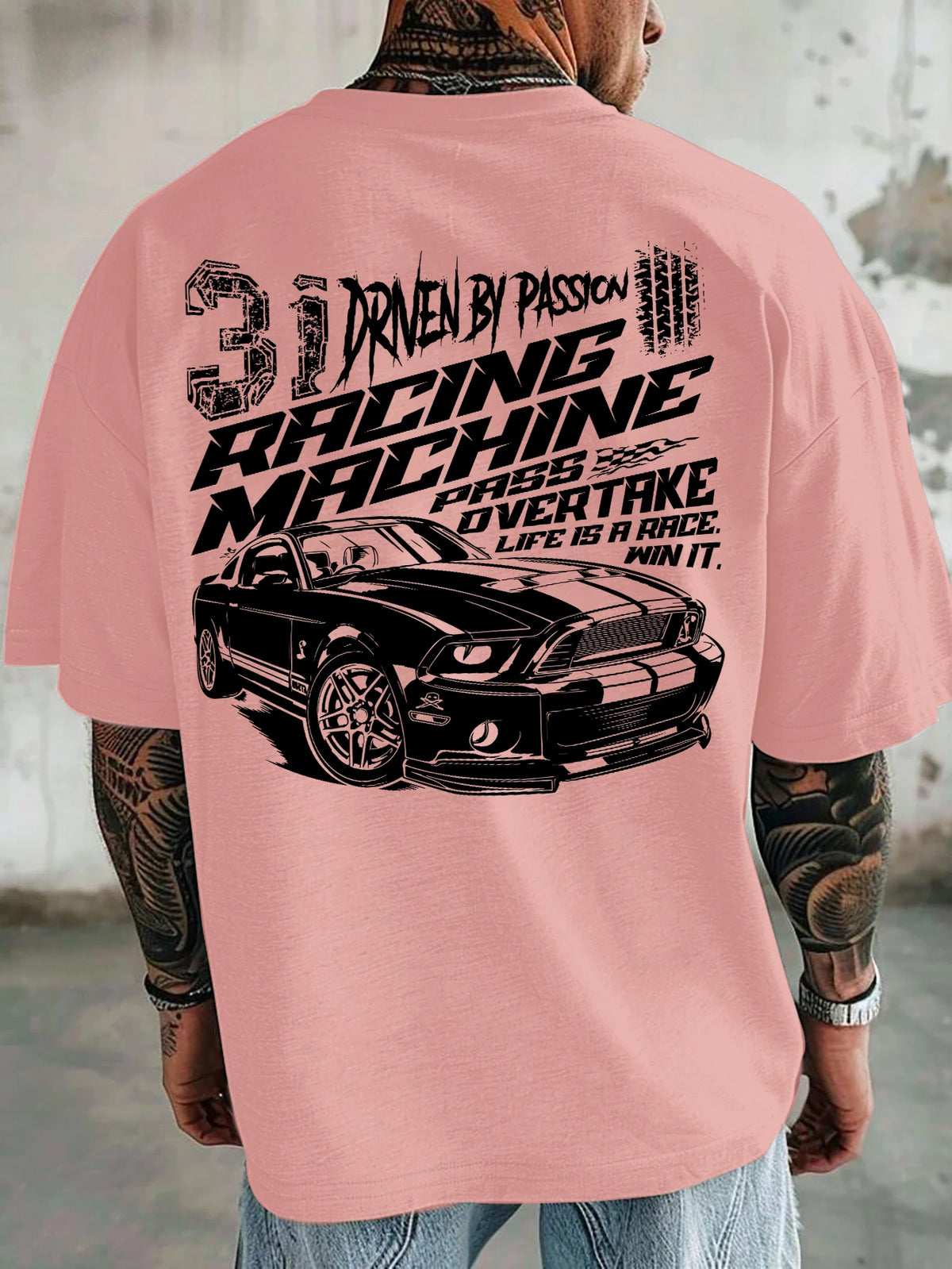 Men Oversized T-Shirt Mustang Racing Car Back Print Tee Racing Machine Streetwear Unisex Pink Summer Short Sleeve Top