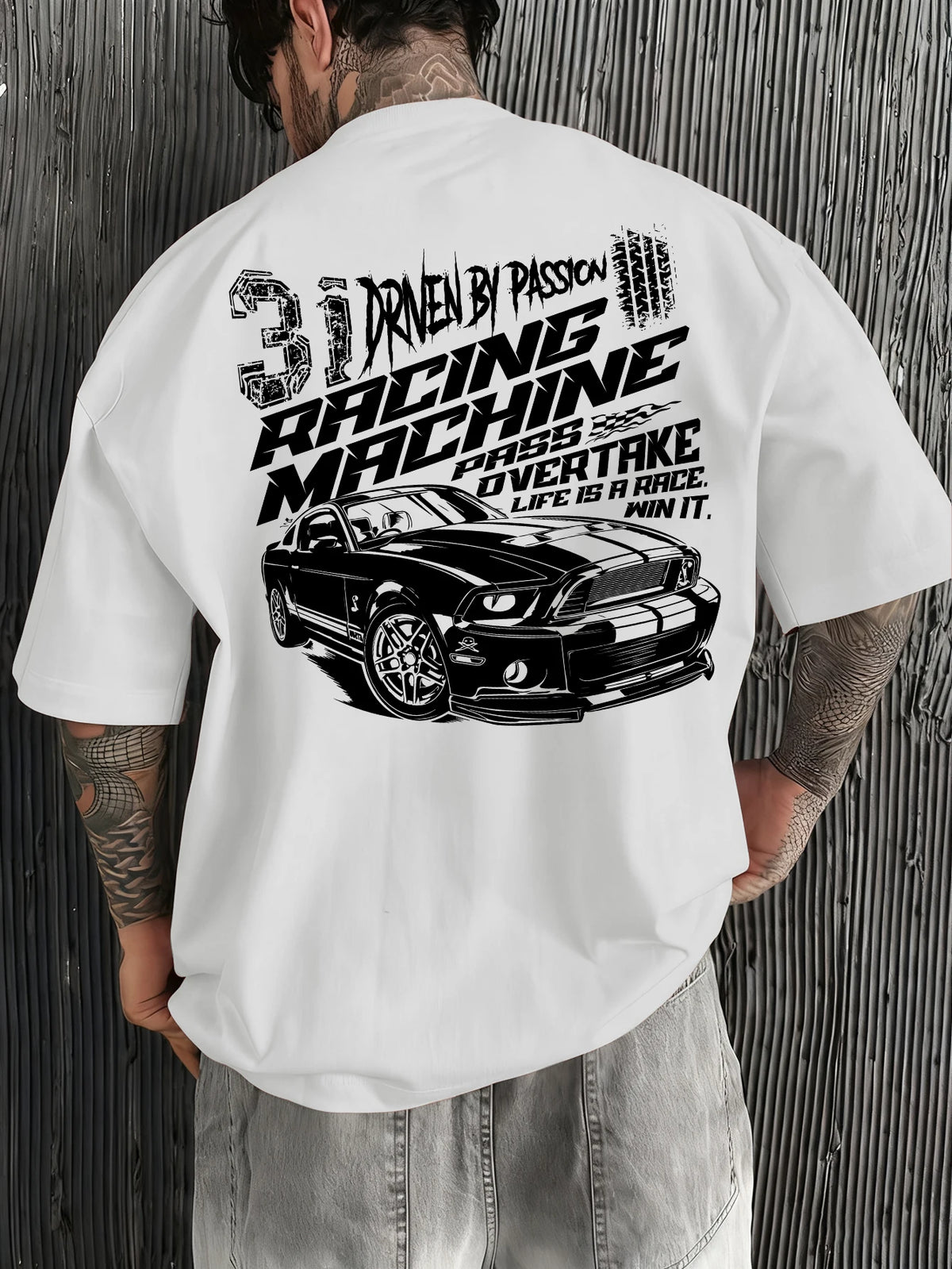 Men Oversized T-Shirt Mustang Racing Car Back Print Tee Racing Machine Streetwear Unisex Pink Summer Short Sleeve Top