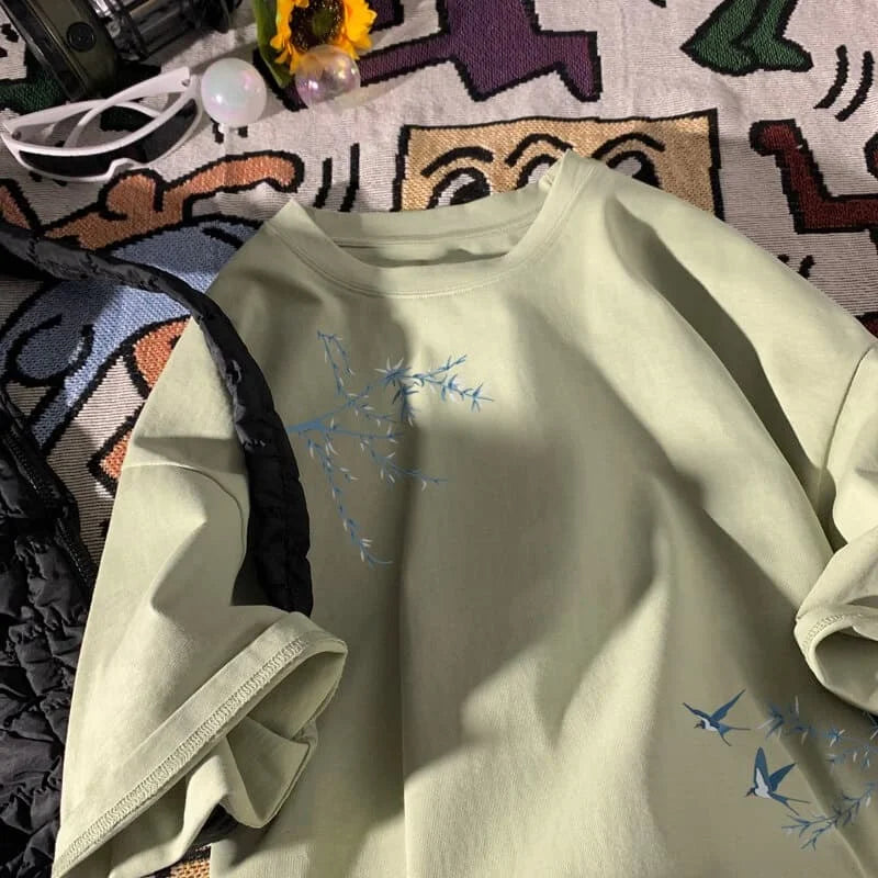 Men's Oversized T-shirts Fashion White Cotton T Shirt for Men Casual Summer Wear Bird Print Tee Shirts Men Clothing Lightweight