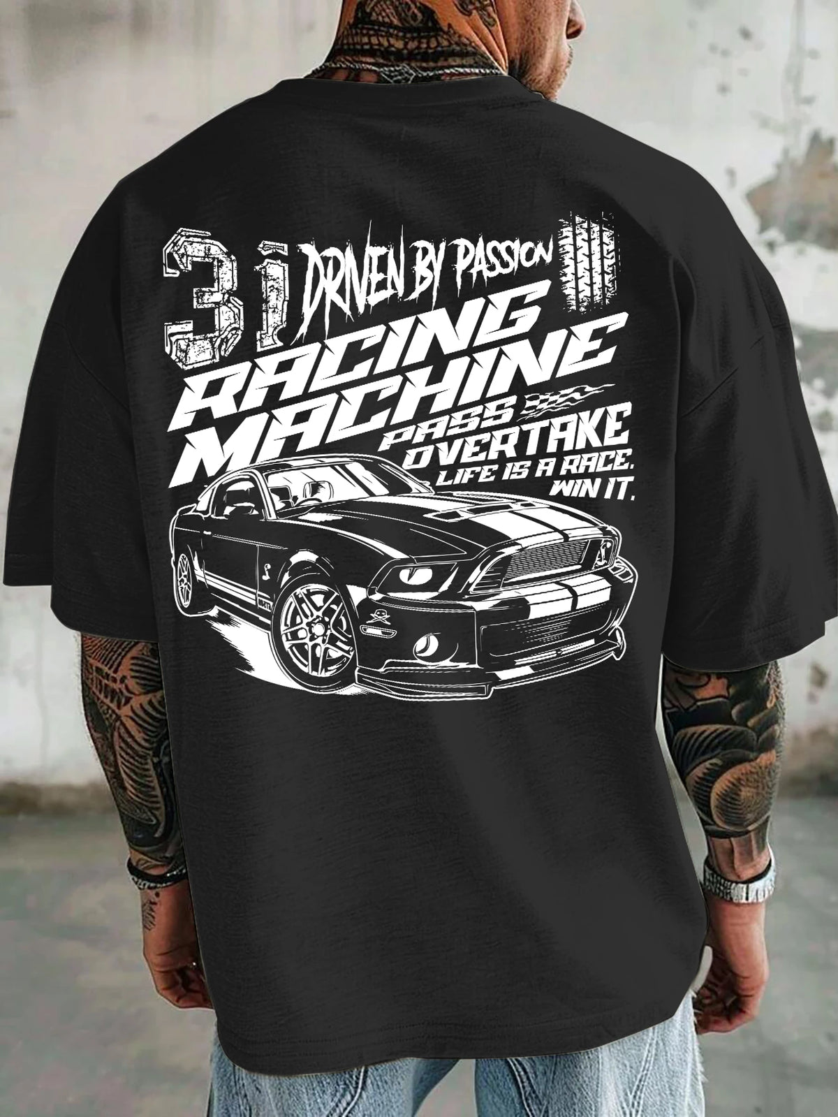 Men Oversized T-Shirt Mustang Racing Car Back Print Tee Racing Machine Streetwear Unisex Pink Summer Short Sleeve Top
