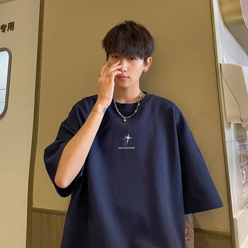 Men's Oversized T-shirts 5XL Fashion White Cotton T Shirt for Men Casual Summer Wear Star Print Tee Shirts Men Clothing