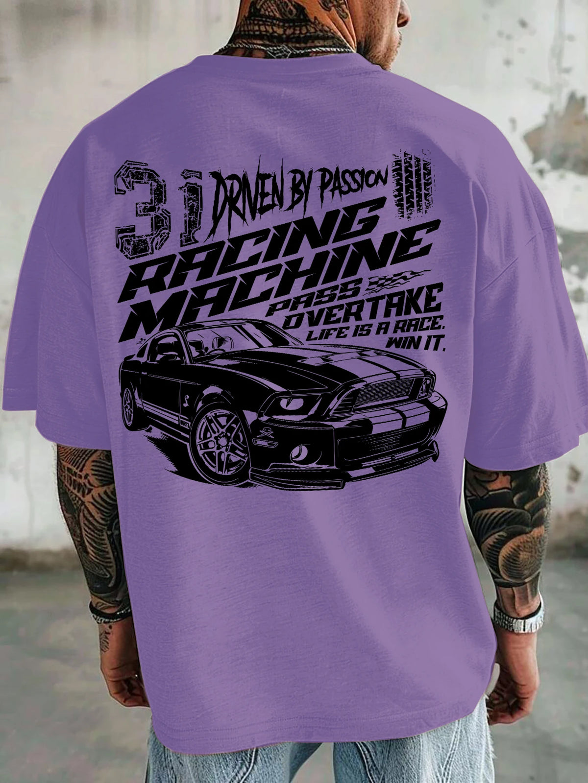Men Oversized T-Shirt Mustang Racing Car Back Print Tee Racing Machine Streetwear Unisex Pink Summer Short Sleeve Top