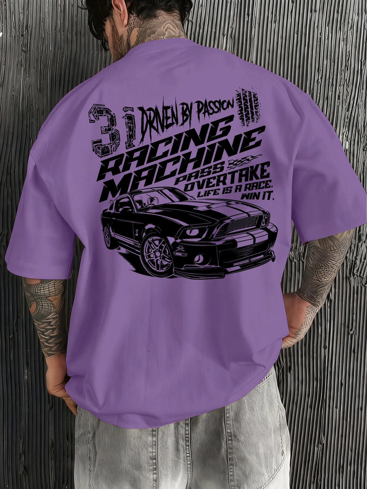 Men Oversized T-Shirt Mustang Racing Car Back Print Tee Racing Machine Streetwear Unisex Pink Summer Short Sleeve Top