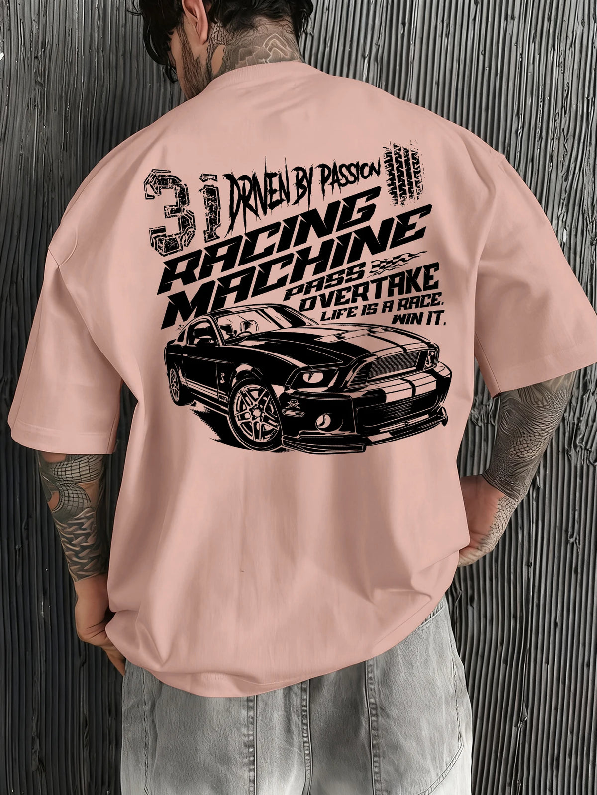 Men Oversized T-Shirt Mustang Racing Car Back Print Tee Racing Machine Streetwear Unisex Pink Summer Short Sleeve Top