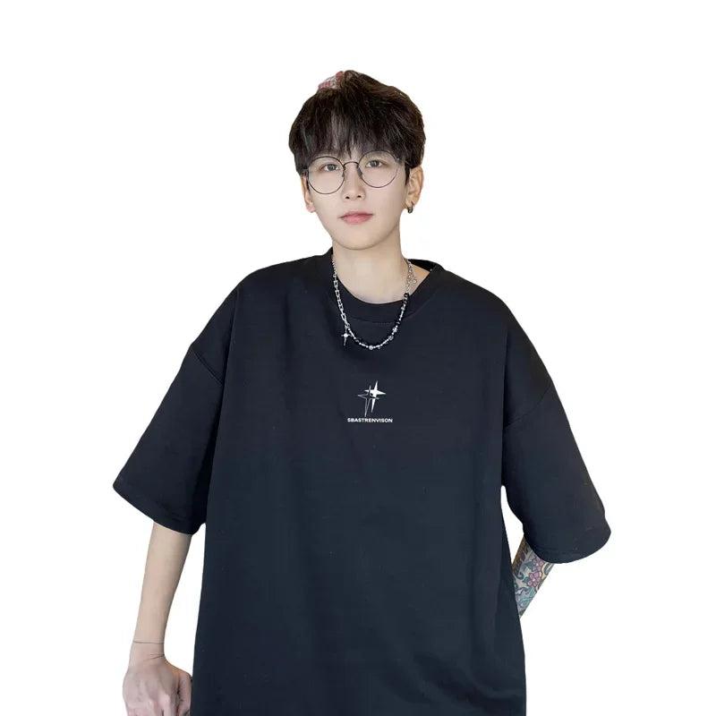 Men's Oversized T-shirts 5XL Fashion White Cotton T Shirt for Men Casual Summer Wear Star Print Tee Shirts Men Clothing