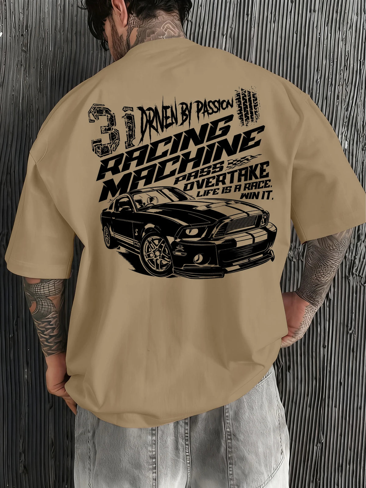 Men Oversized T-Shirt Mustang Racing Car Back Print Tee Racing Machine Streetwear Unisex Pink Summer Short Sleeve Top