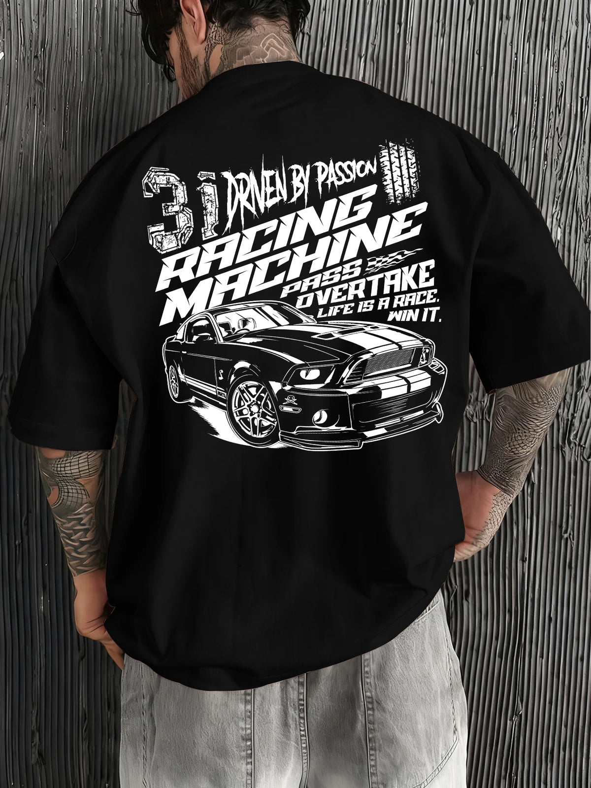 Men Oversized T-Shirt Mustang Racing Car Back Print Tee Racing Machine Streetwear Unisex Pink Summer Short Sleeve Top