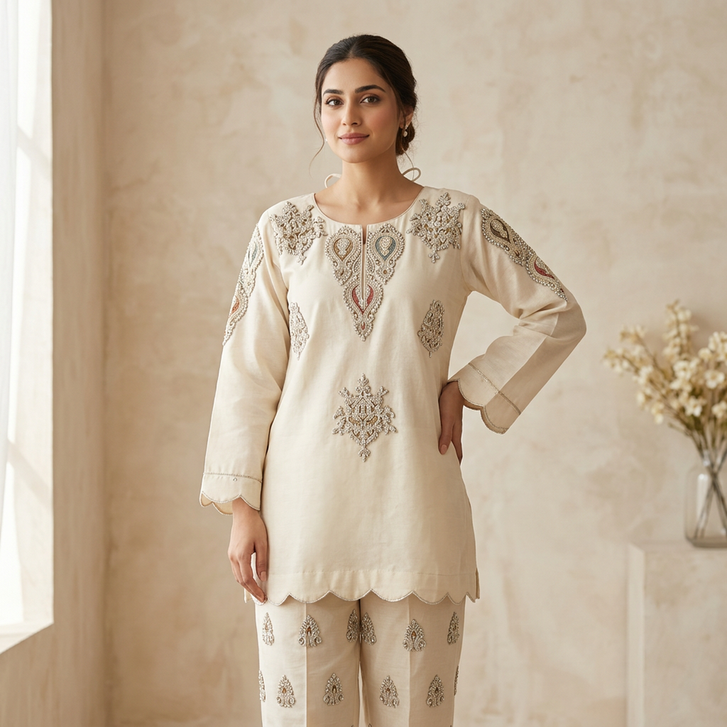 Off-White Zarri Embroidered 2-Piece Cotton Suit for Women